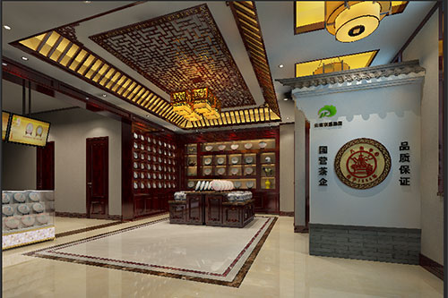 四方台古朴典雅的中式茶叶店大堂设计效果图